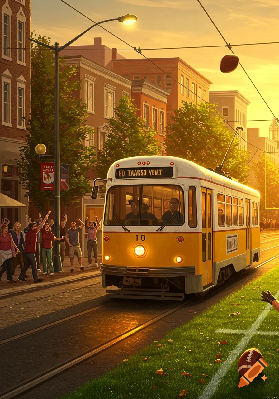 A yellow tram with the number 18 drives down a city street at sunset, past cheering crowds. A football flies in the air, and another rests on the grassy median.