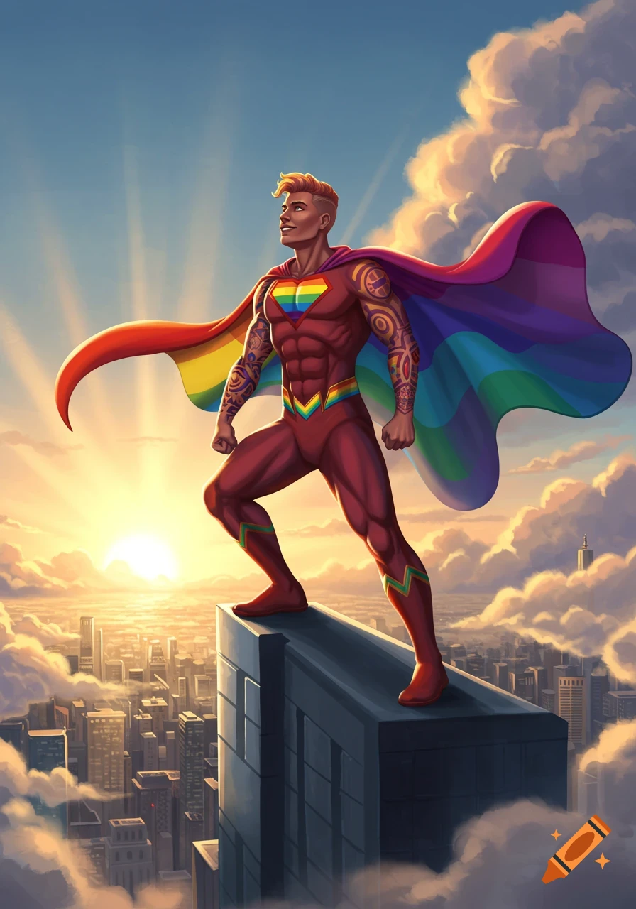 A muscular superhero with a rainbow cape and chest emblem stands on a skyscraper overlooking a city at sunrise, looking heroic.