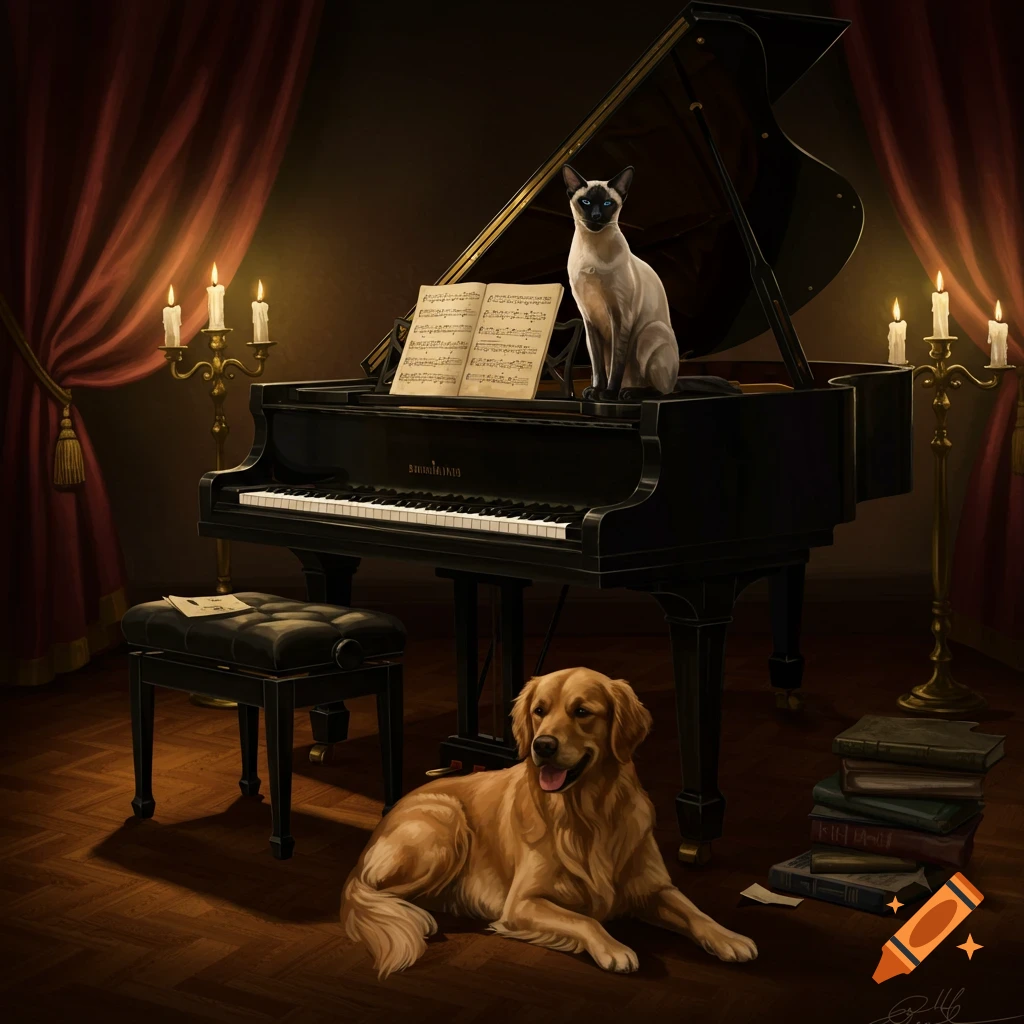 A Siamese cat sits atop a grand piano with sheet music, while a golden retriever lies on the wooden floor in a candlelit room.