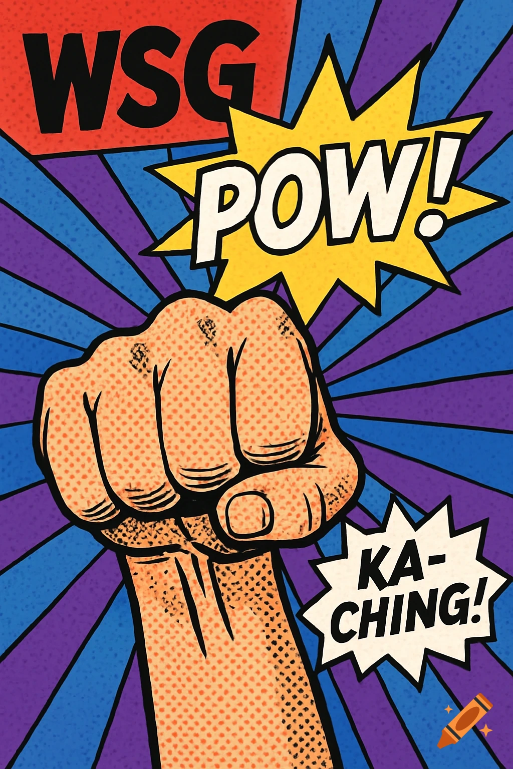 Pop art comic illustration of a fist punching with 'POW!', 'KA-CHING!', 'WSG' text on a dynamic blue and purple background.