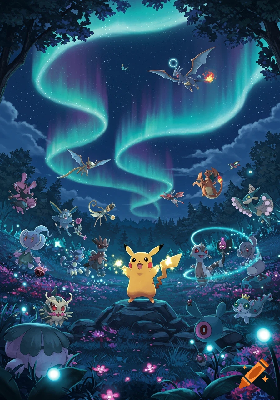 Pikachu and other Pokemon in a fantastical night forest under a glowing aurora borealis.