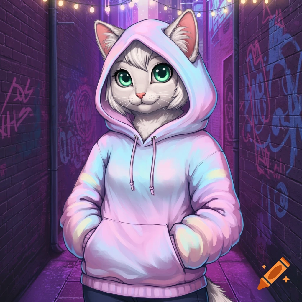 An anthropomorphic white cat with green eyes wears a colorful pastel hoodie in a purple-lit alleyway with graffiti.
