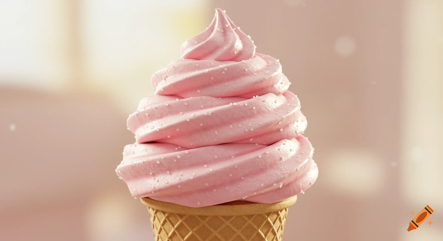 A close-up, photorealistic view of a pink soft-serve ice cream cone, covered in small white sprinkles, against a blurred light background.