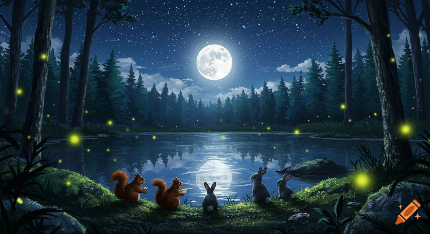 A vibrant illustration of a forest at night with a full moon over a reflective lake, surrounded by fireflies, squirrels, and bunnies.