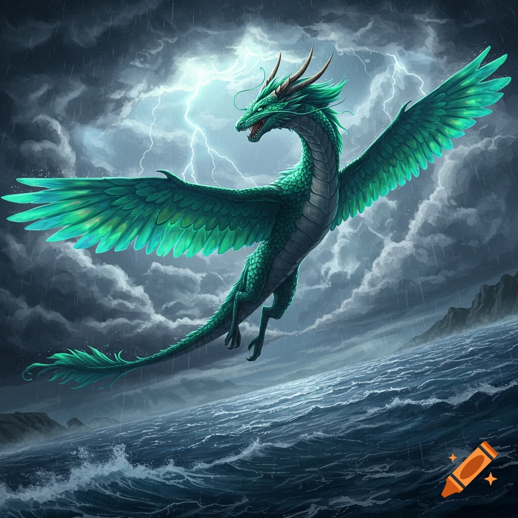 A majestic green dragon with large, emerald wings soars dramatically over a stormy, dark blue ocean with lightning striking in the sky.