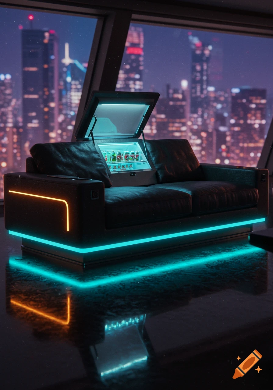 Photorealistic image of a futuristic black couch with neon cyan and amber lighting, overlooking a cyberpunk city at night.