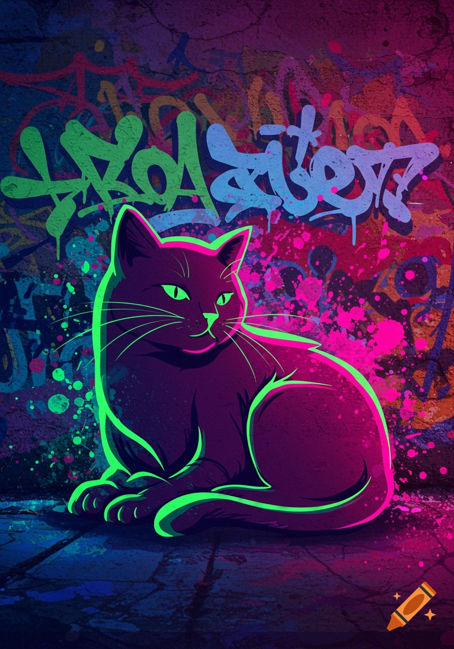 A dark cat with neon green outlines and eyes sits on a grimy street, in front of a colorful, abstract graffiti wall, in a vibrant, stylized art style.