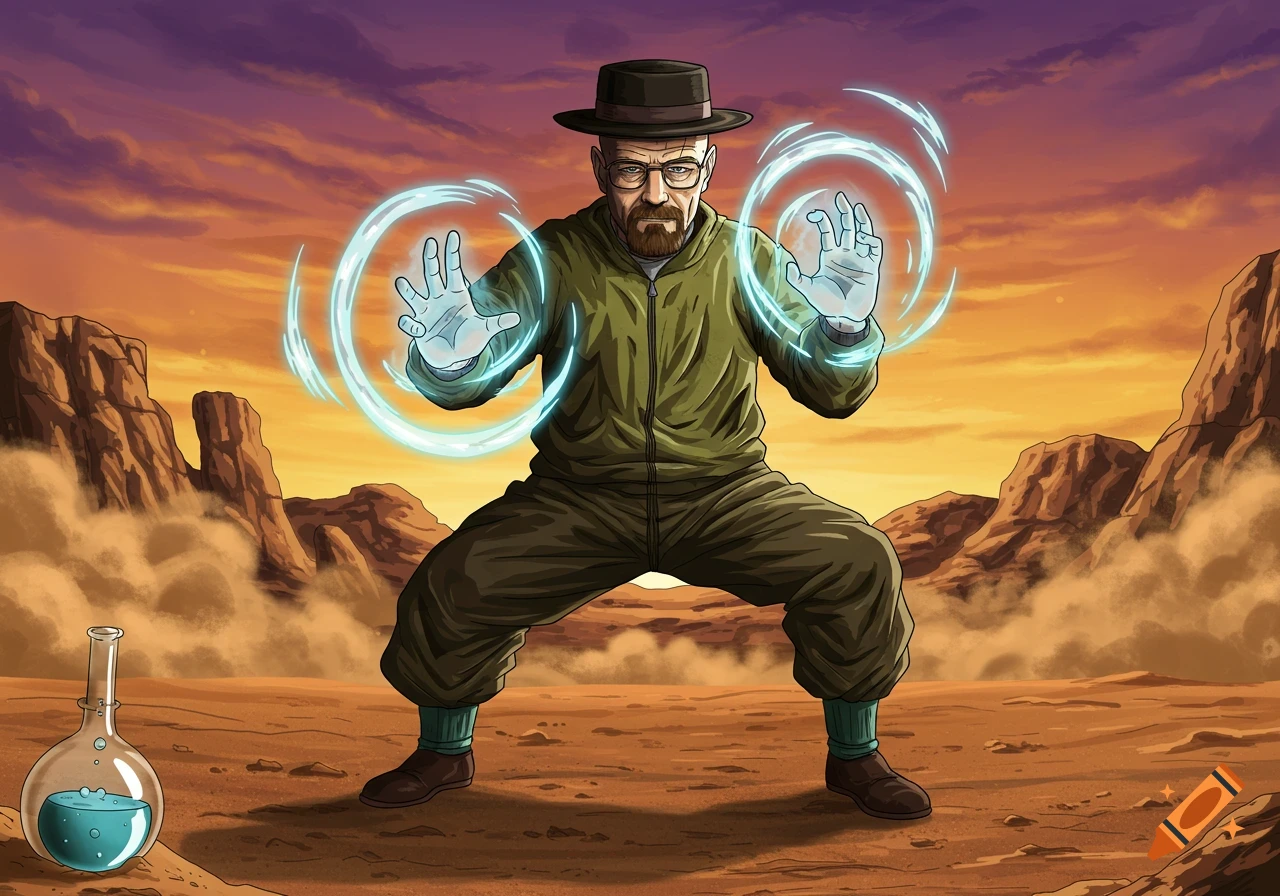 Walter White in anime style, wearing a hat, generating blue energy with his hands in a desert landscape.