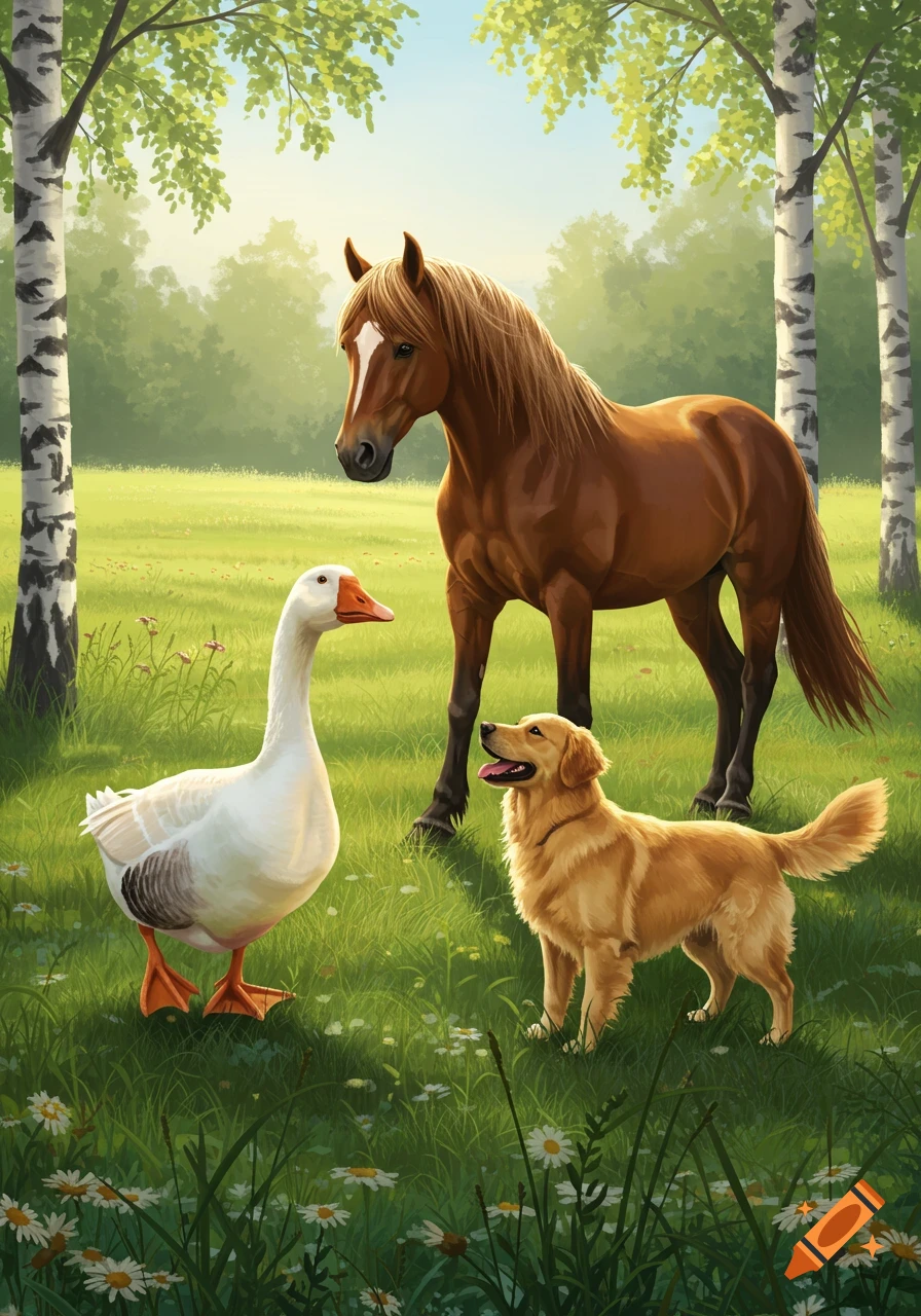 A brown horse, white goose, and golden retriever dog stand in a grassy field with birch trees, in a painterly style.