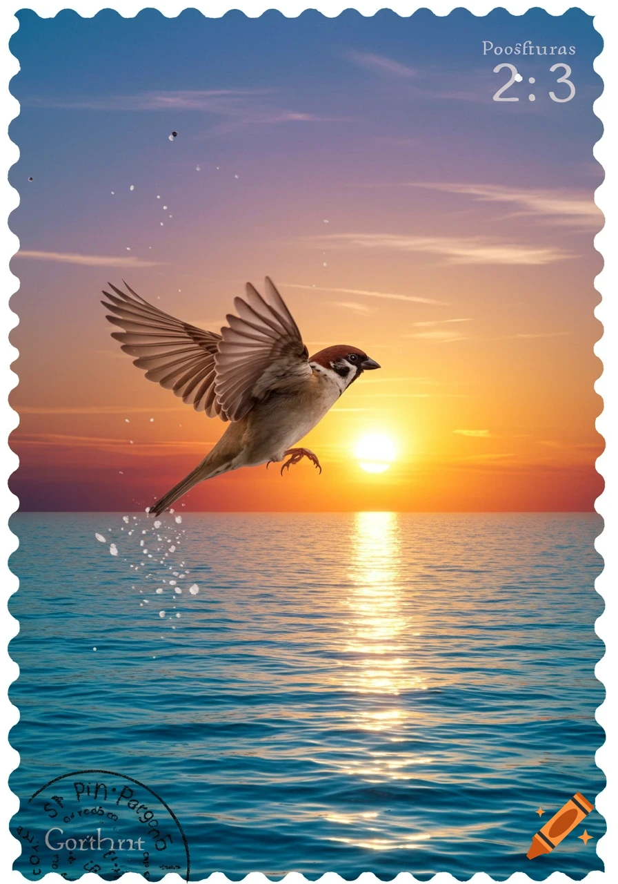 Photorealistic image of a sparrow flying over the ocean at sunset, designed as a postage stamp.