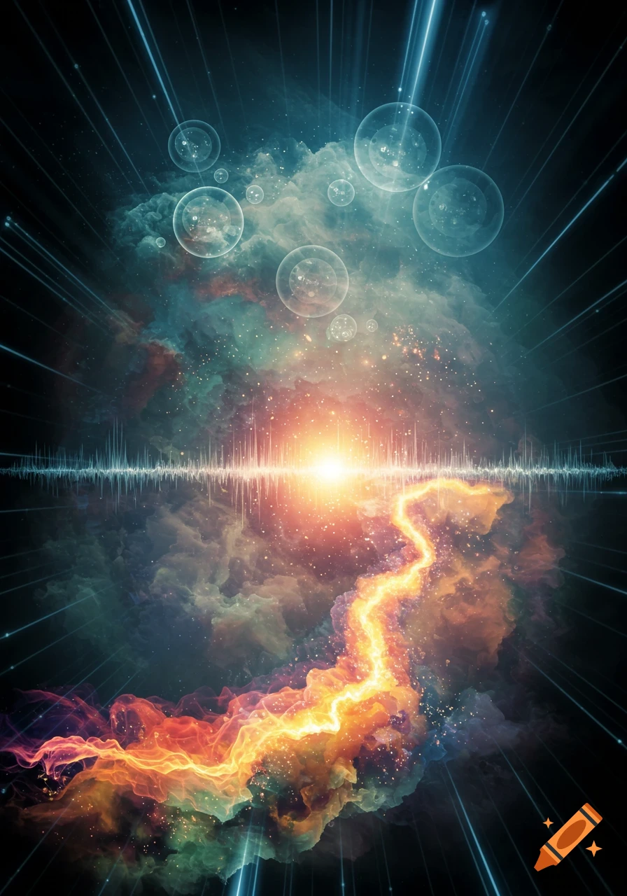 Abstract cosmic scene with glowing orange and blue nebulae, bright central light, soundwave pattern, winding orange energy stream, bubbles, and light streaks.