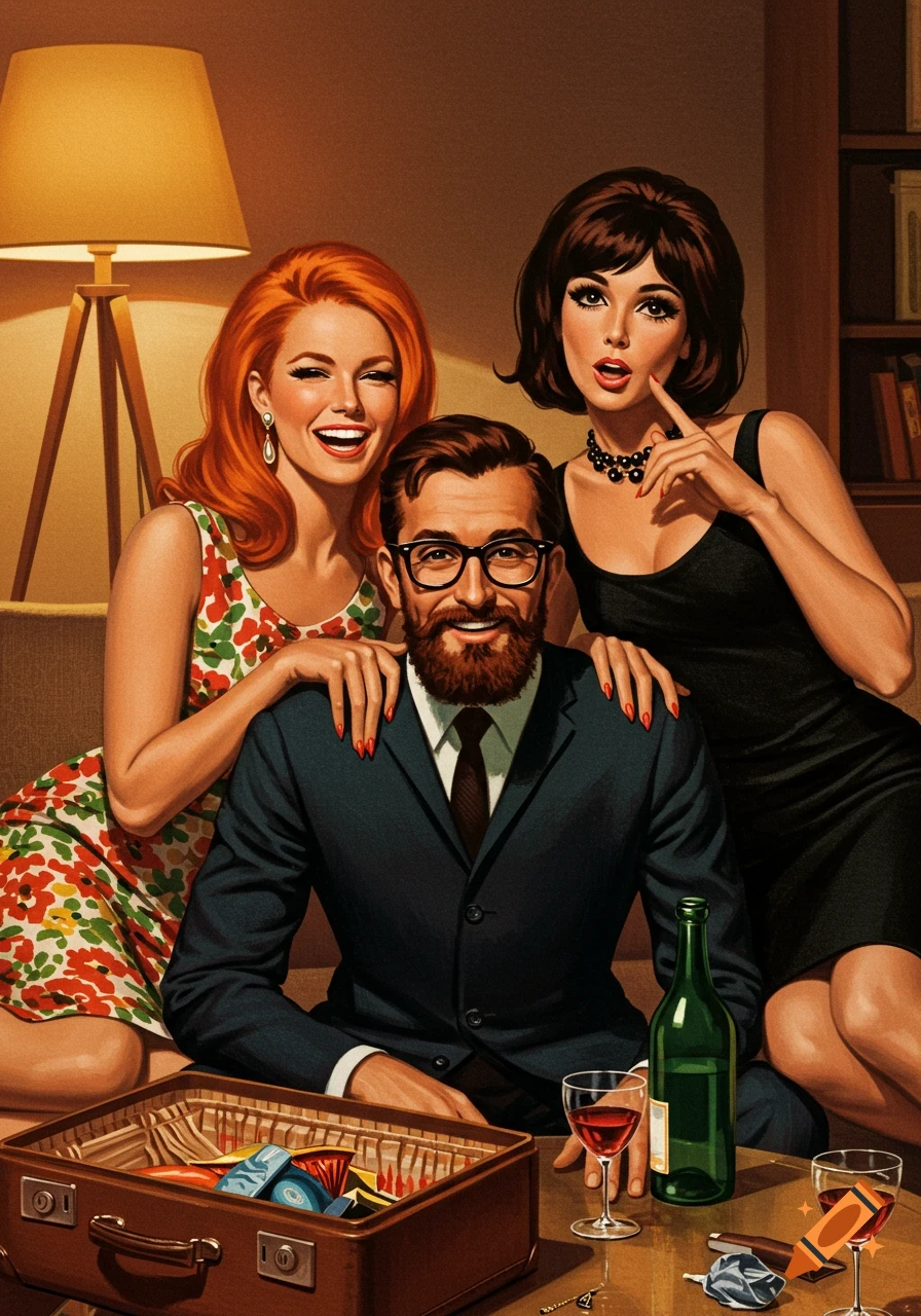 1960s illustration of a bearded man with two women in a warm interior, with wine on a table.