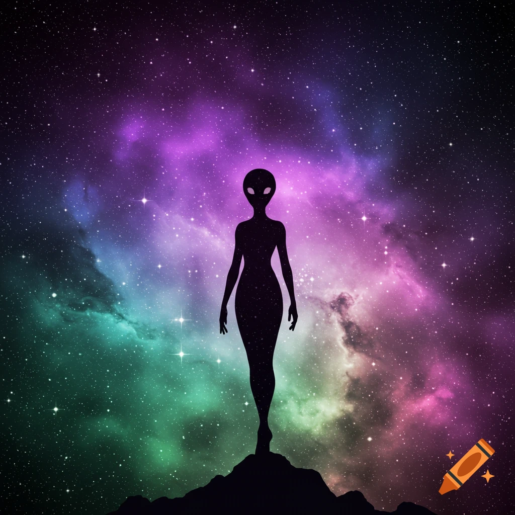 A black silhouette of an alien with an oval head stands on a dark ground against a colorful purple, blue, and green nebula and starry sky.