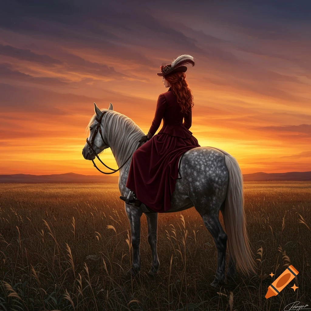 A red-haired woman in a period dress rides a dappled horse through a golden prairie field, looking at a vibrant sunset.