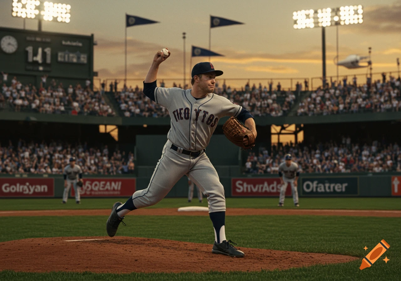 A baseball player pitches from the mound in a stadium under stadium lights at sunset, with spectators in the background.