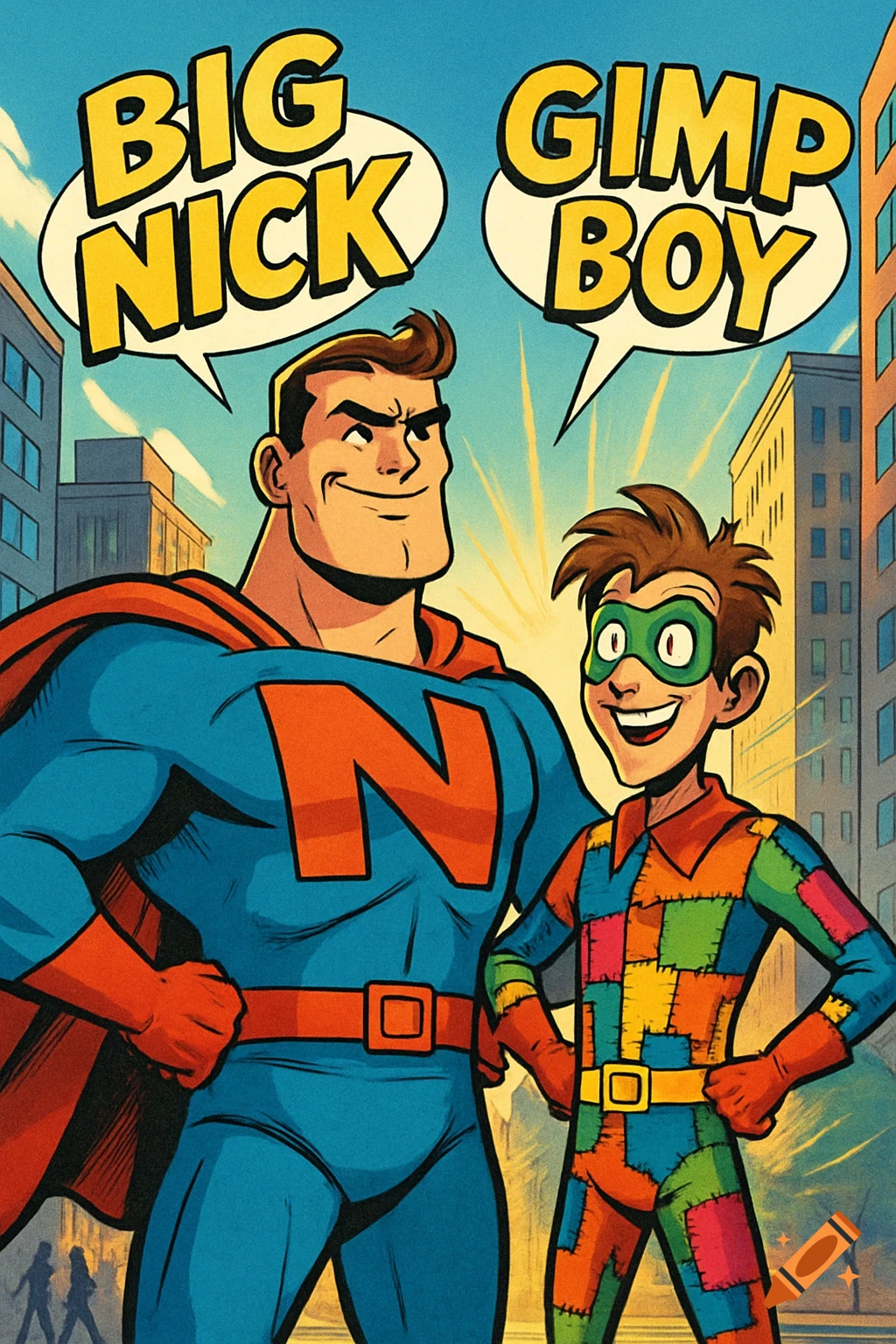 Cartoon of a muscular superhero 'Big Nick' and a smaller hero 'Gimp Boy' smiling in a city setting.