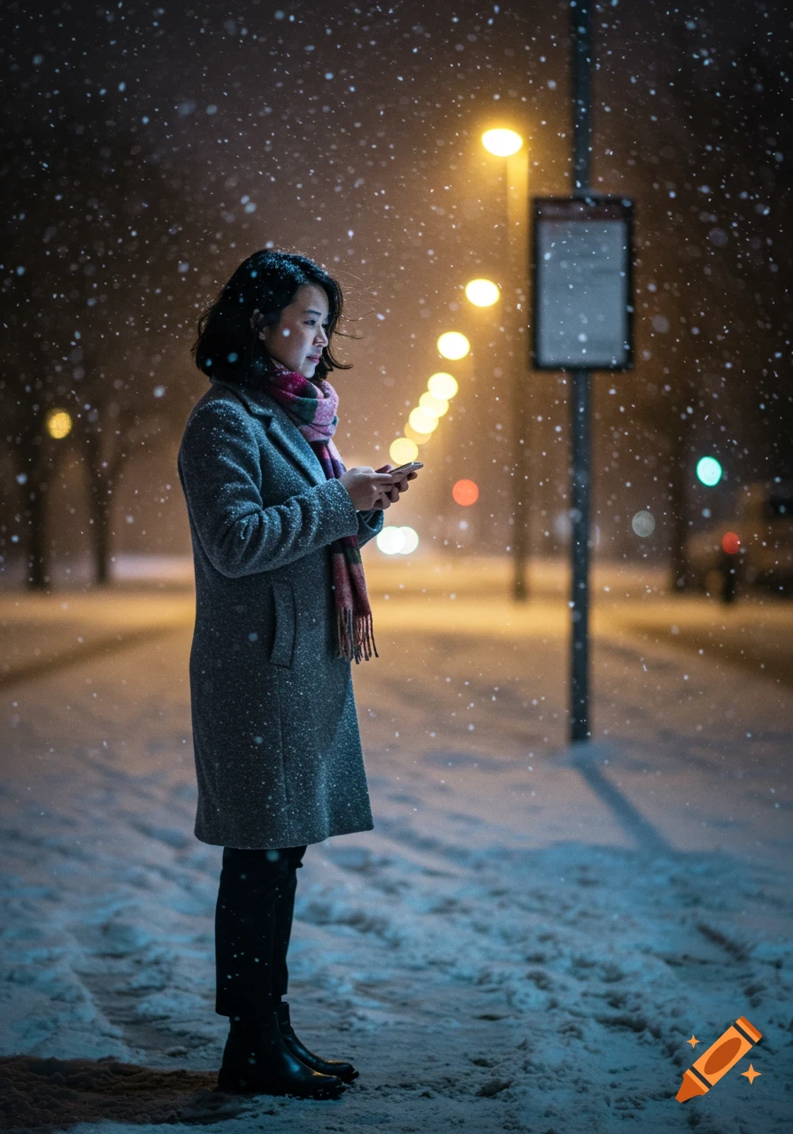 A young woman in a gray coat and red scarf looks at her phone at a snowy bus stop at night, illuminated by streetlights.
