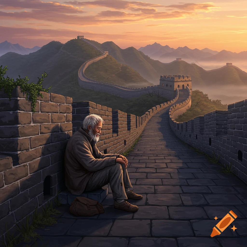 An old, grey-haired man sits pensively on the Great Wall of China at sunset, rendered in an illustrative style.