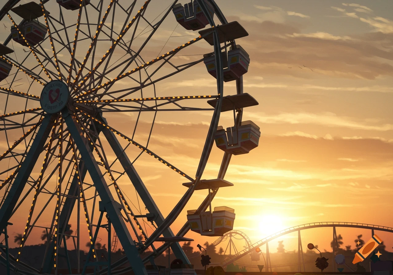 A close-up of a Ferris wheel and roller coaster at an amusement park against a vibrant sunset sky, photorealistic style.