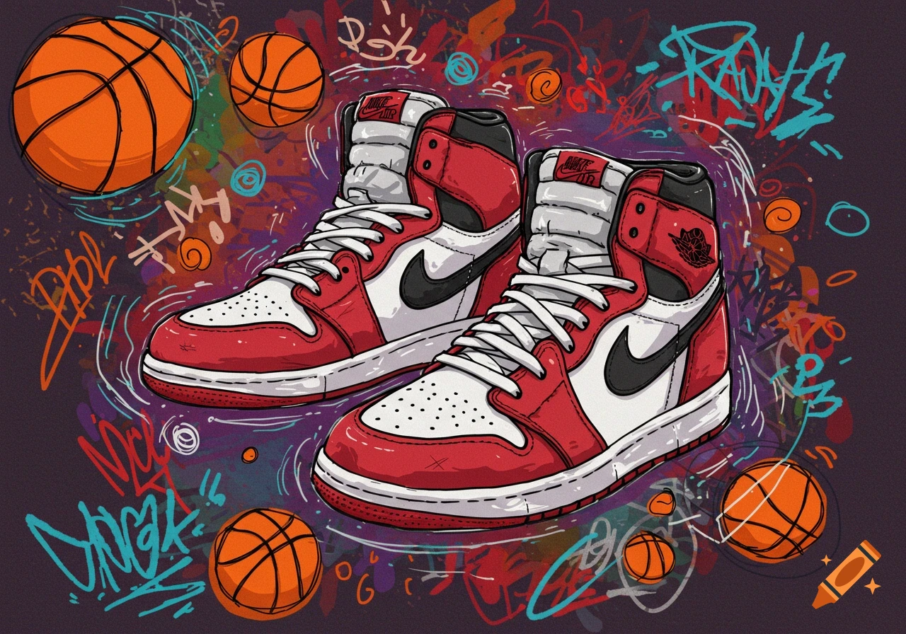 Cartoon illustration of red, white, and black Air Jordan sneakers amidst colorful graffiti and basketballs on a dark background.