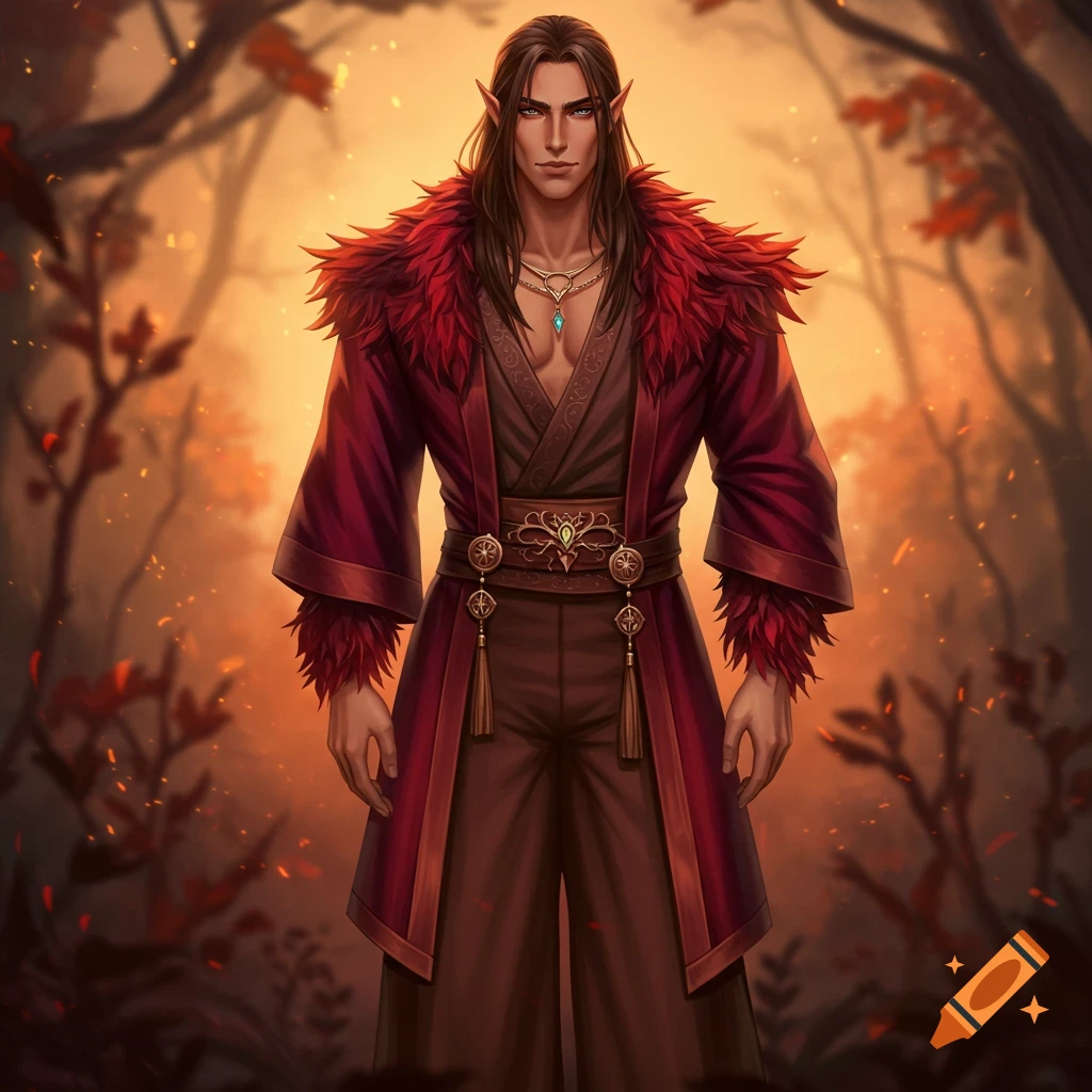 A male elf with long dark hair, pointed ears, wearing a red kimono jacket with a feathery collar and brown pants, standing in an autumn forest.