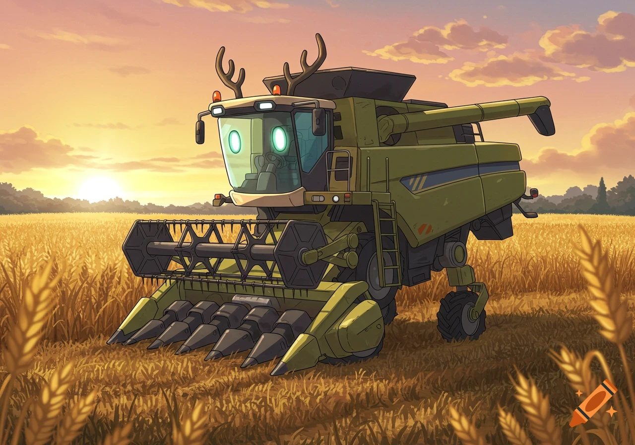 An anime-style robot combine harvester with antlers and glowing eyes stands in a golden wheat field at sunset.