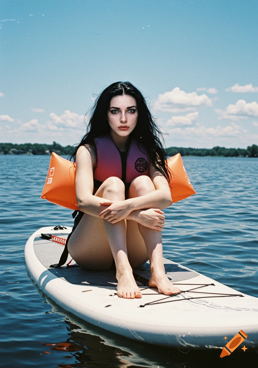 A goth woman with long dark hair sits on a paddleboard in a lake, wearing a lifejacket and arm floats under a blue sky.