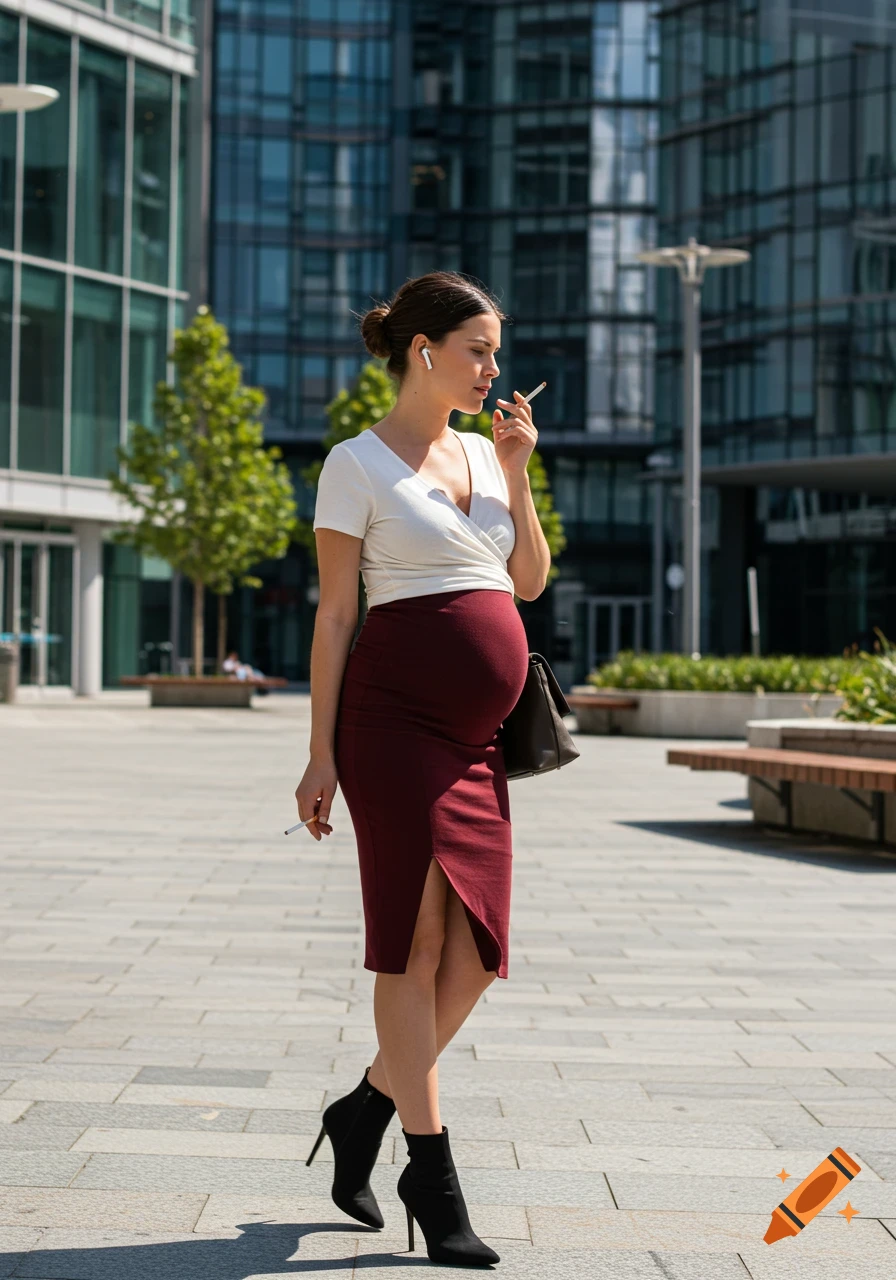 A pregnant woman in a white wrap top and burgundy skirt smokes a cigarette in a sunny modern urban plaza.