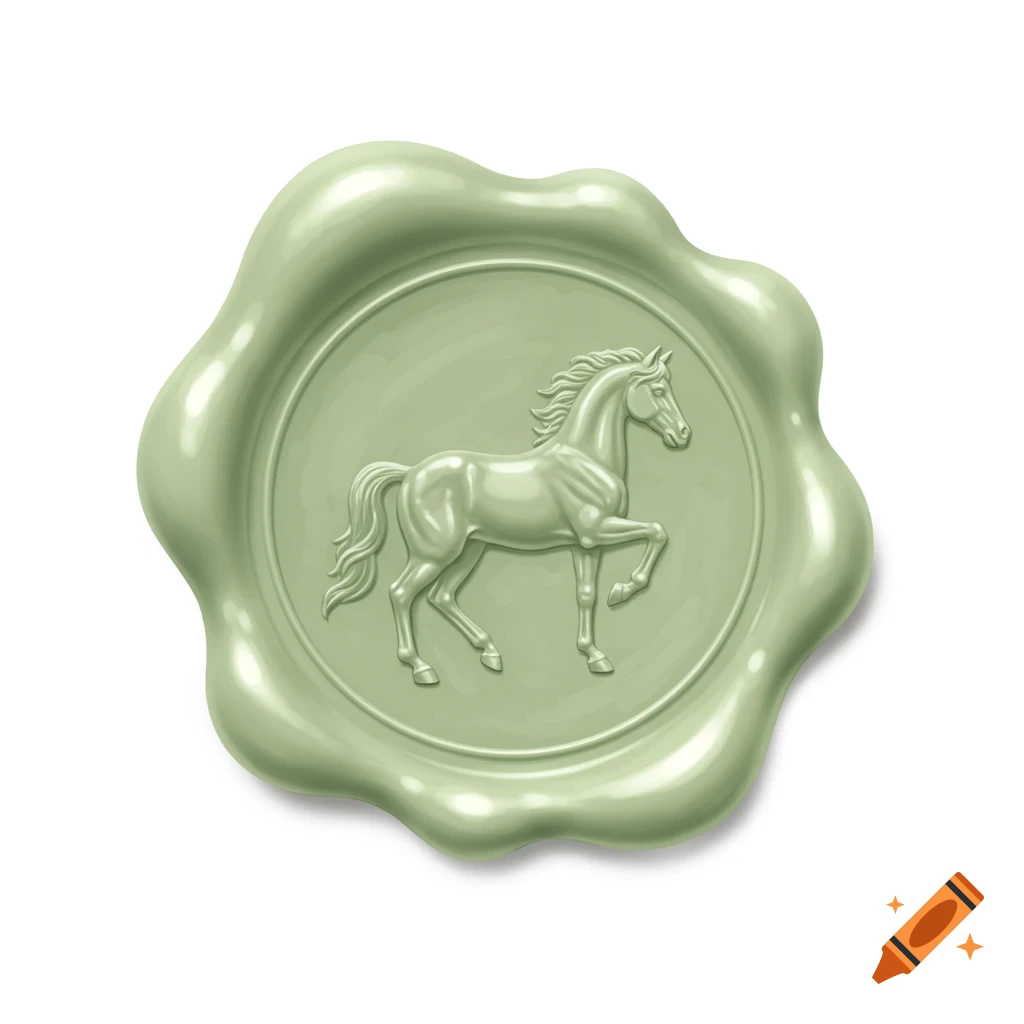 Pale green wax seal with an embossed horse design on a pure white background.