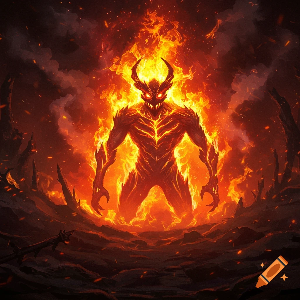 A powerful, horned demonic creature made of glowing fire stands amidst a burning, desolate landscape, digital art.