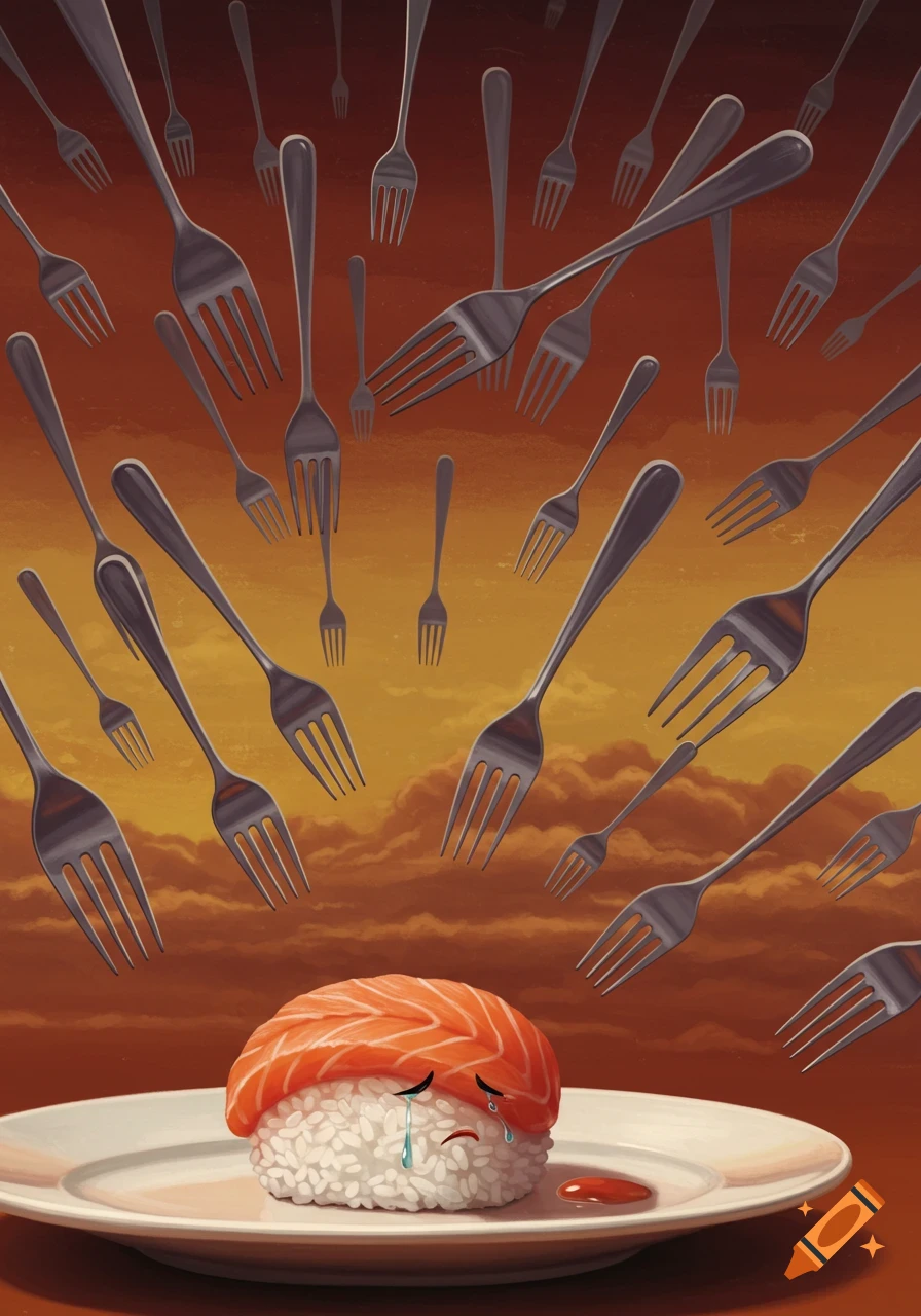 A crying sushi nigiri on a plate with many forks falling from an orange cloudy sky, illustration.