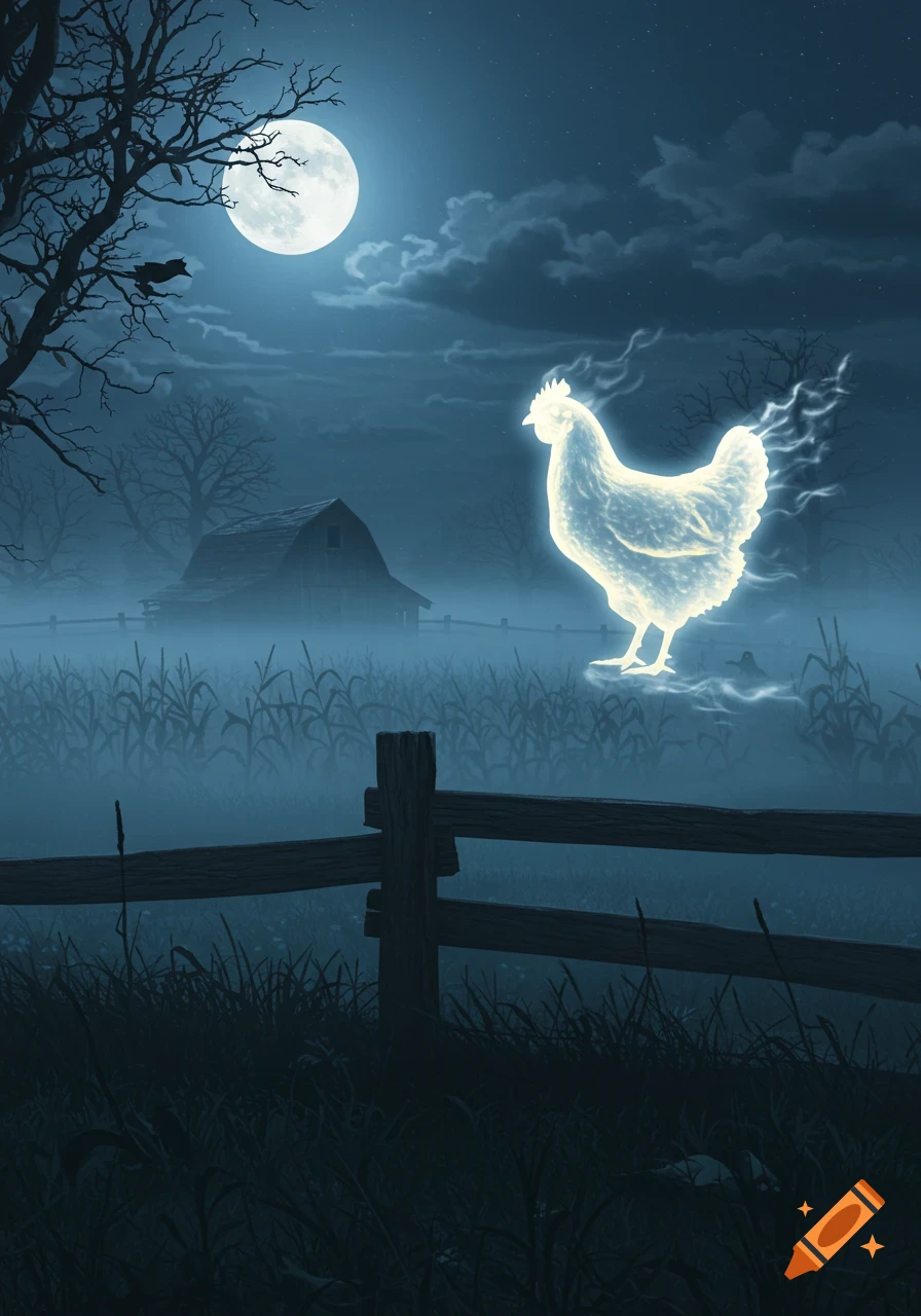 A luminous chicken ghost hovers above a misty field with a barn and bare trees under a full moon at night.