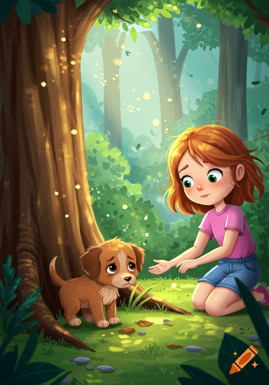 Cartoon girl kneels in an enchanted forest, reaching out to a scared brown puppy with large eyes.