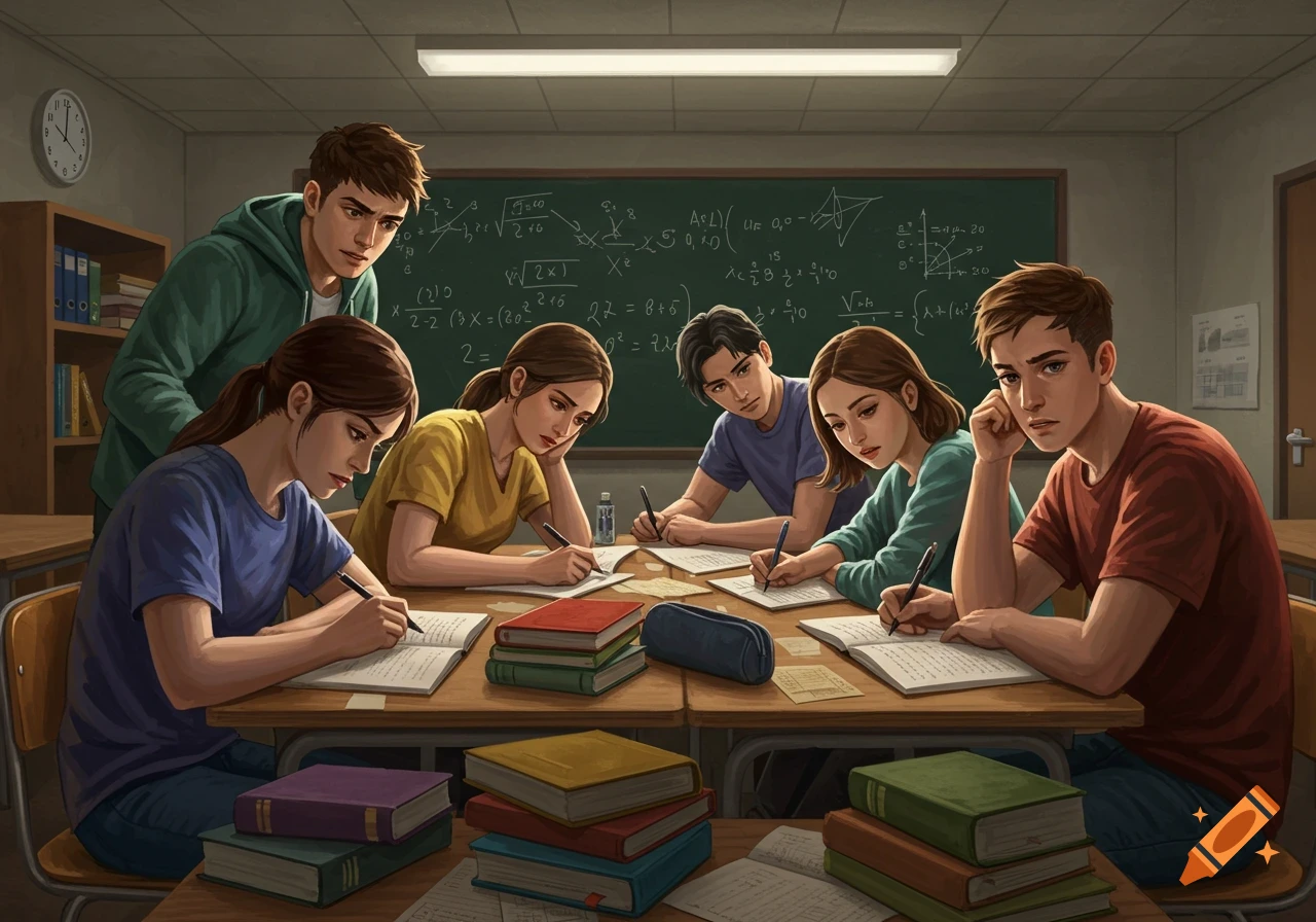 A group of nervous-looking students in an anime art style study at desks with books and papers in a dimly lit classroom with a blackboard.