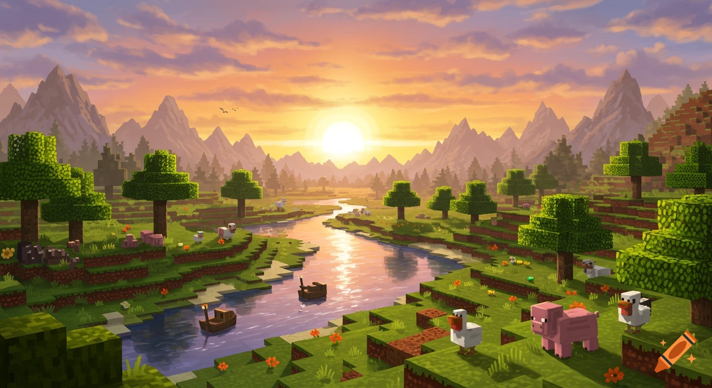 A vibrant Minecraft-style landscape at sunset, featuring a winding river, blocky trees, mountains, and various farm animals like pigs, chickens, and sheep.