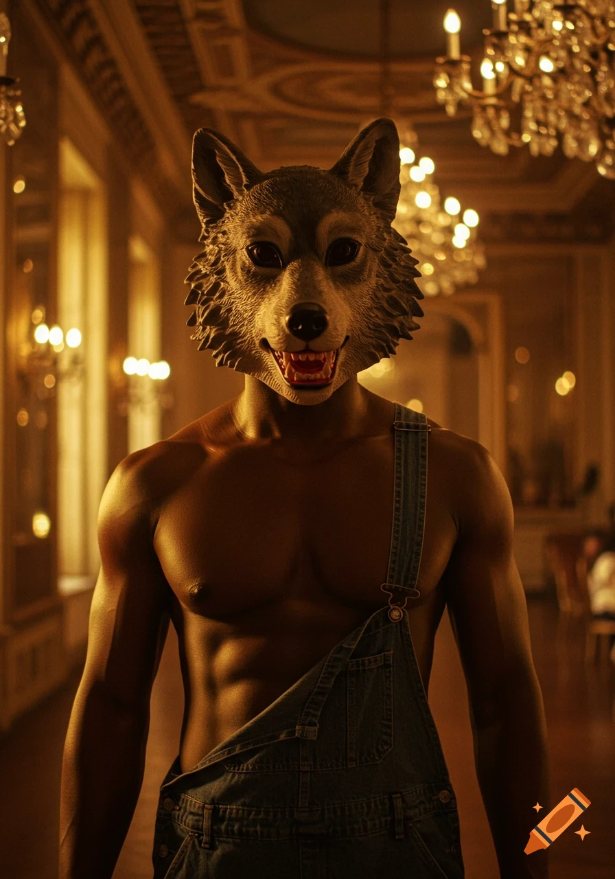 A muscular man in a wolf mask and partial denim overalls stands in a grand, chandelier-lit hall.