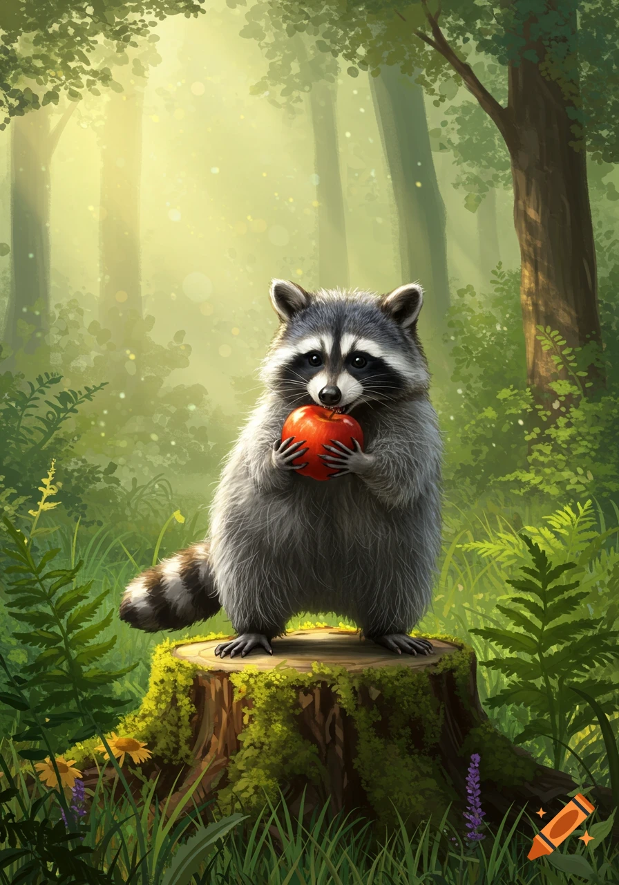 A cute, fluffy raccoon stands on a mossy tree stump in a sunlit forest, holding a red apple in its paws. Illustrated style.