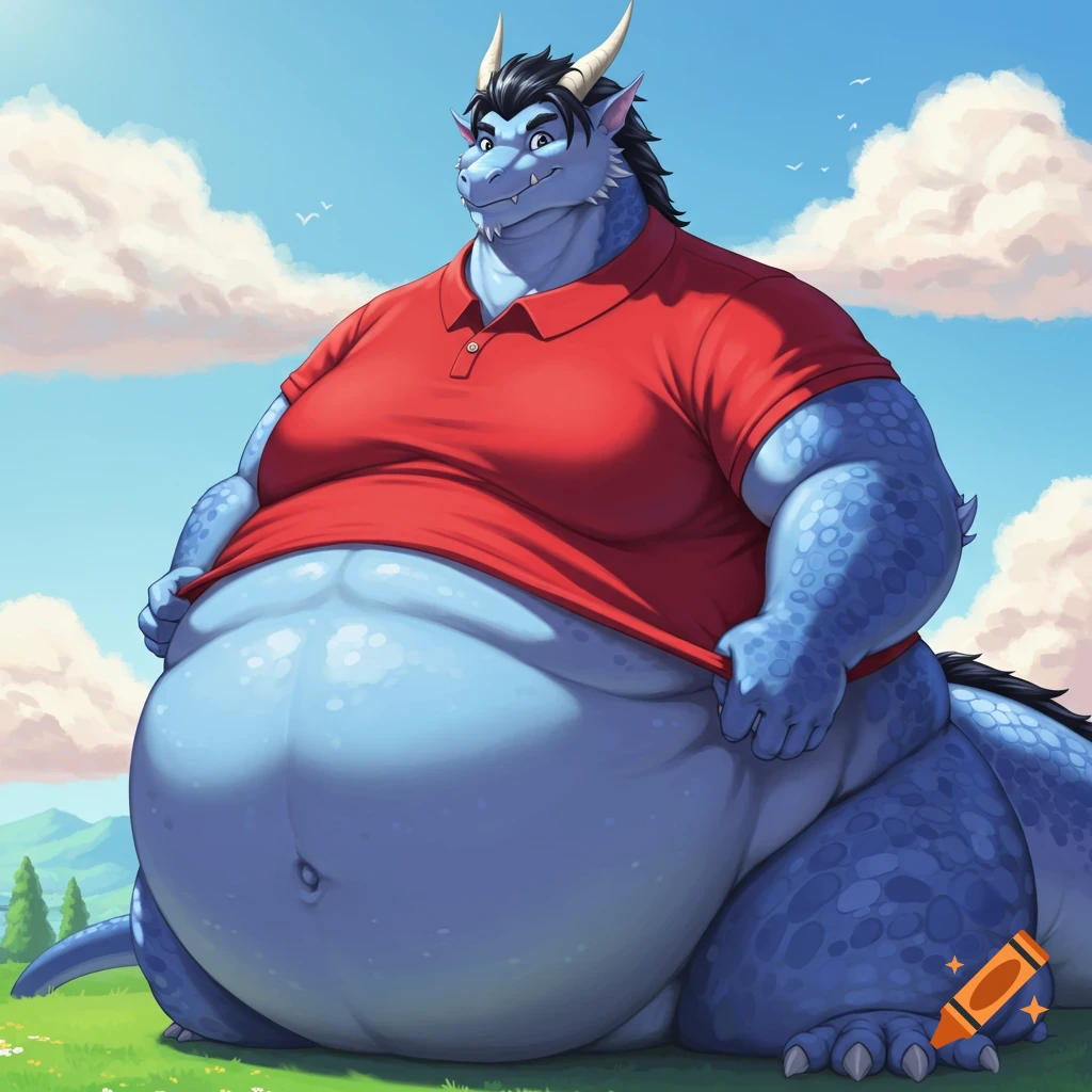 A giant, obese blue dragon with black hair and horns, wearing a red polo shirt, smiles while showing its belly in a grassy field under a blue sky.
