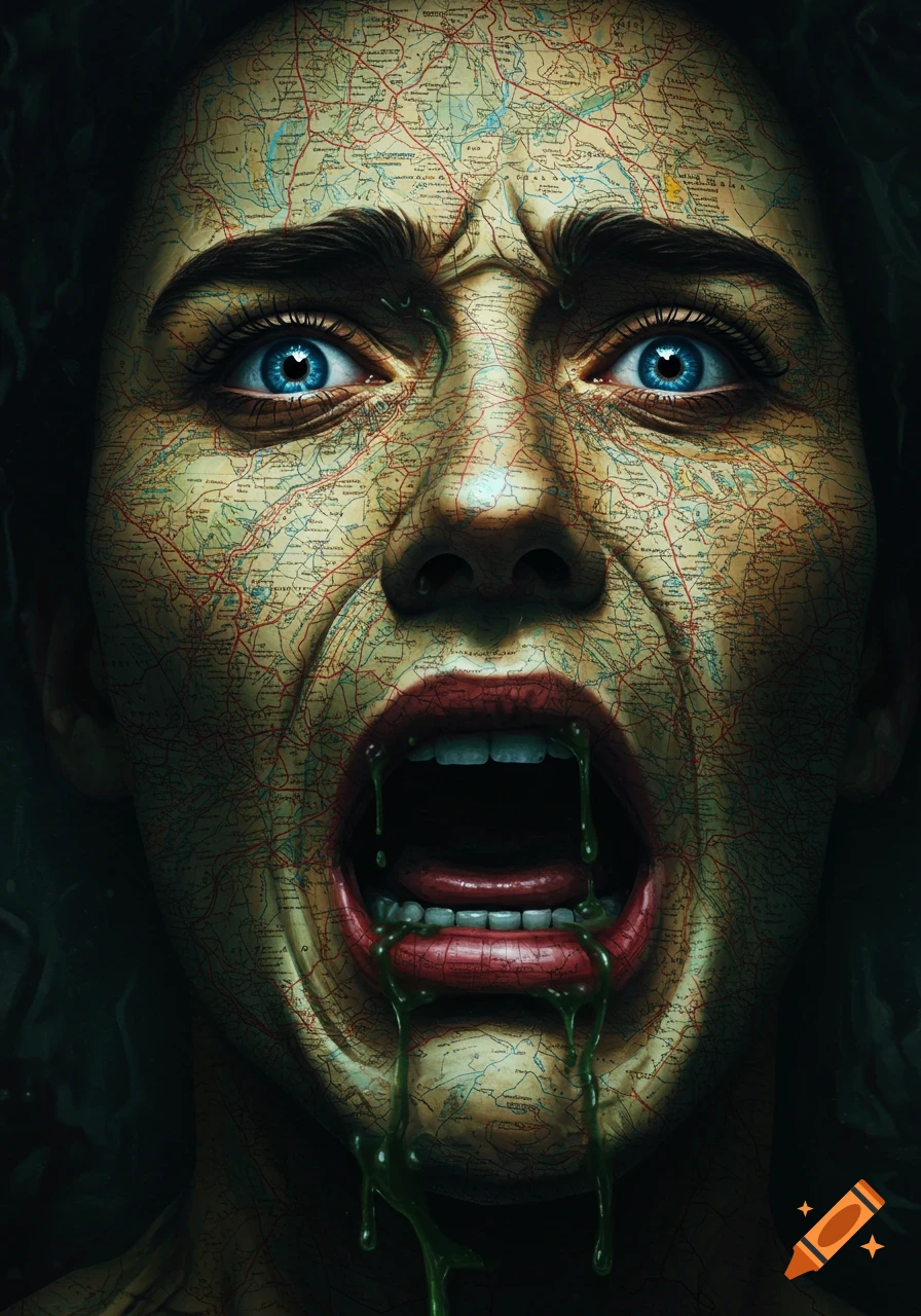 Disturbing surreal portrait of a screaming face textured like an old map, with green slime dripping from the mouth.