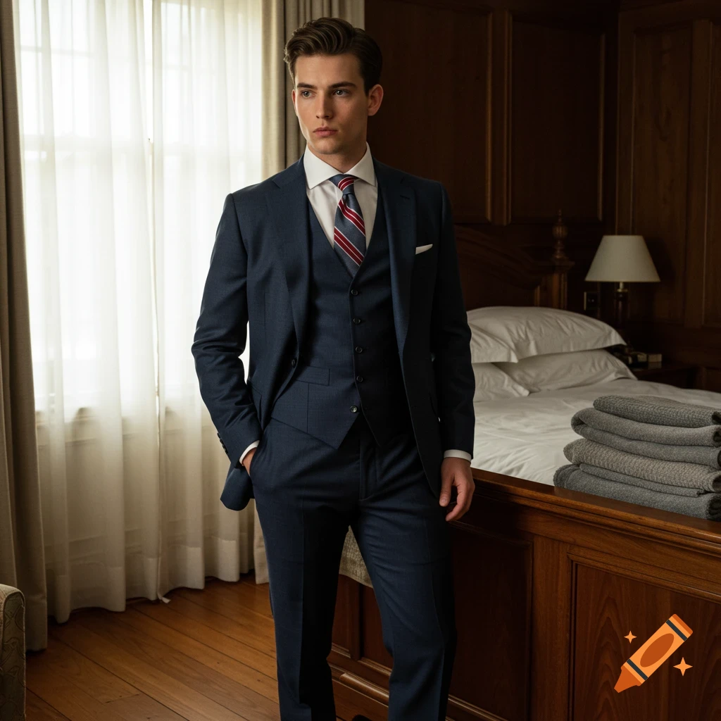 A young man in a blue three-piece suit, white shirt, and striped tie stands in a bedroom.