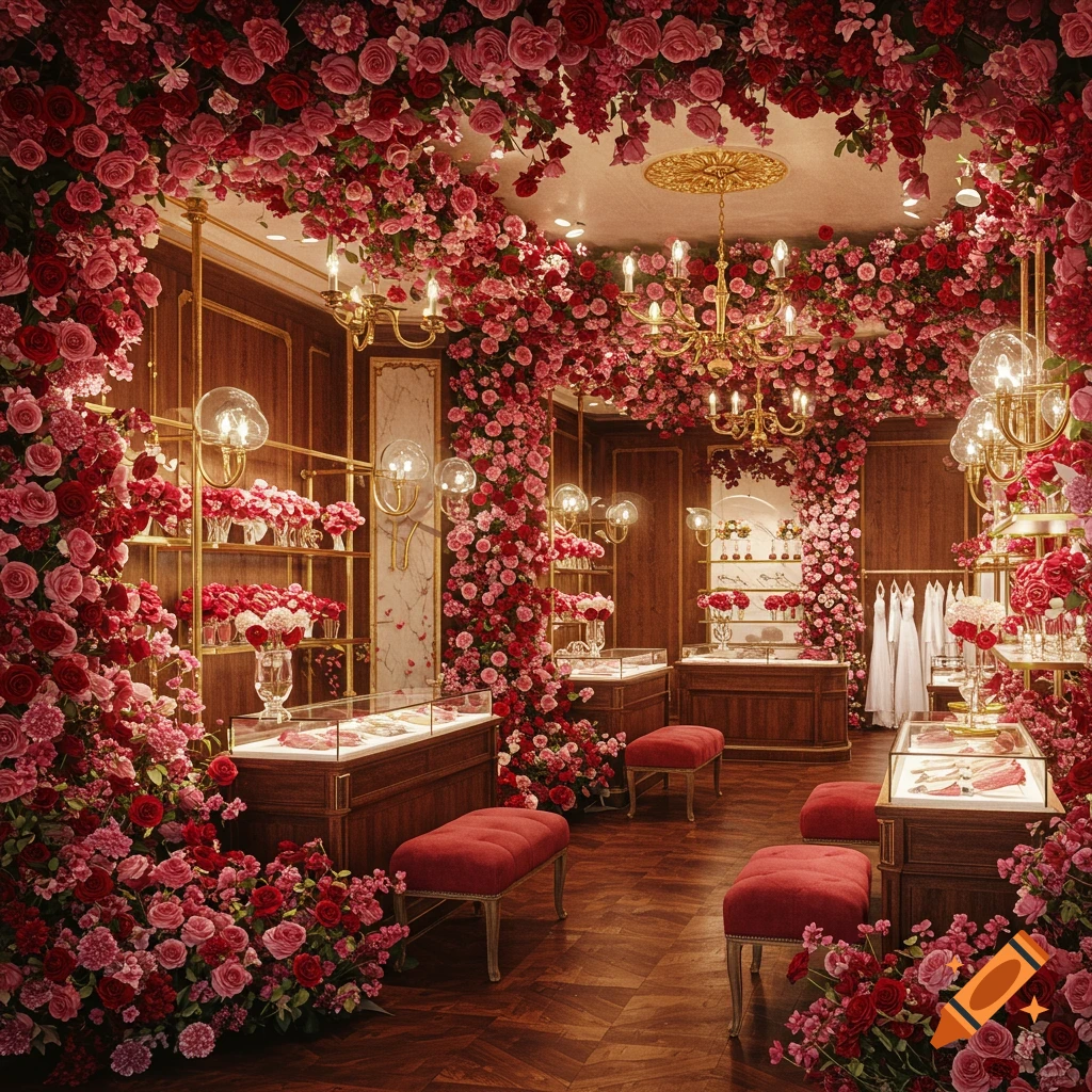 A luxurious wedding boutique interior lavishly decorated with countless red, pink, and white roses covering walls and ceiling.