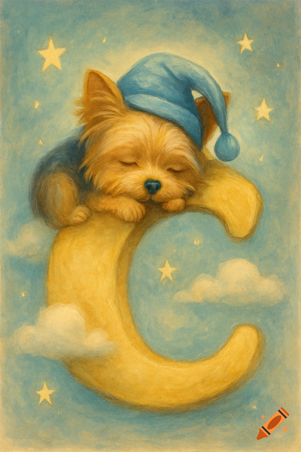A cute Yorkshire terrier in a blue nightcap peacefully sleeps on a yellow letter 'C' in a whimsical, starry sky, painterly illustration.
