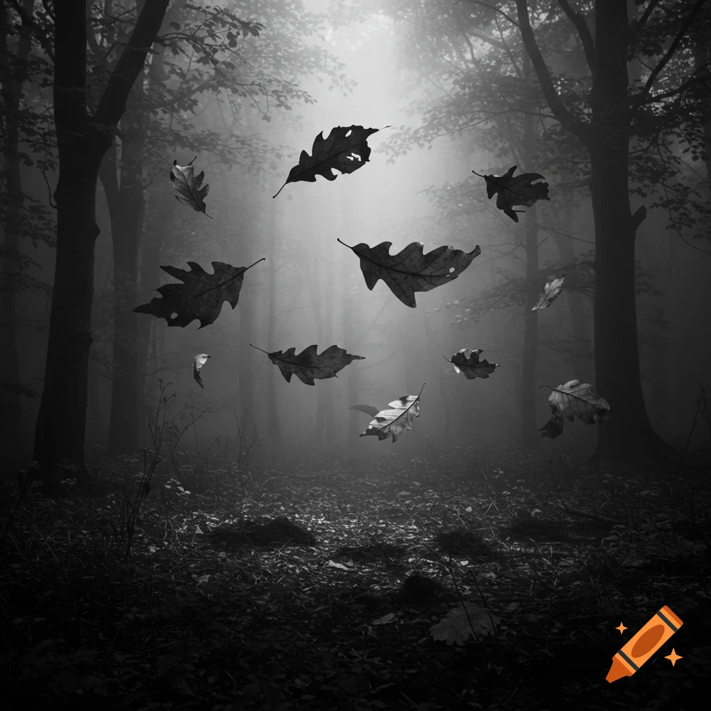 A black and white image of a misty, spooky forest with many oak leaves falling and scattered on the ground.