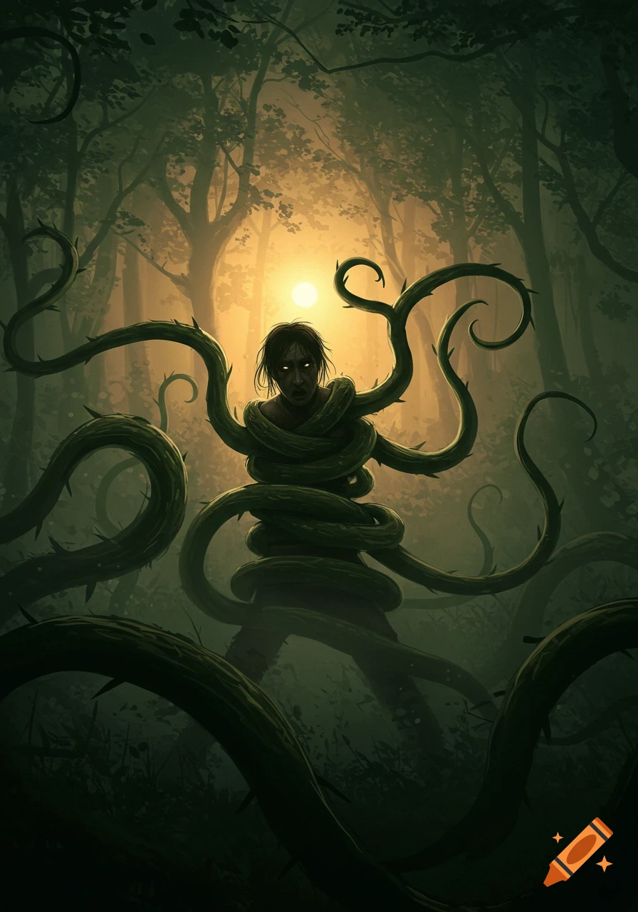A person with glowing eyes, entangled by thorny vines in a dark, misty forest, digital painting style.