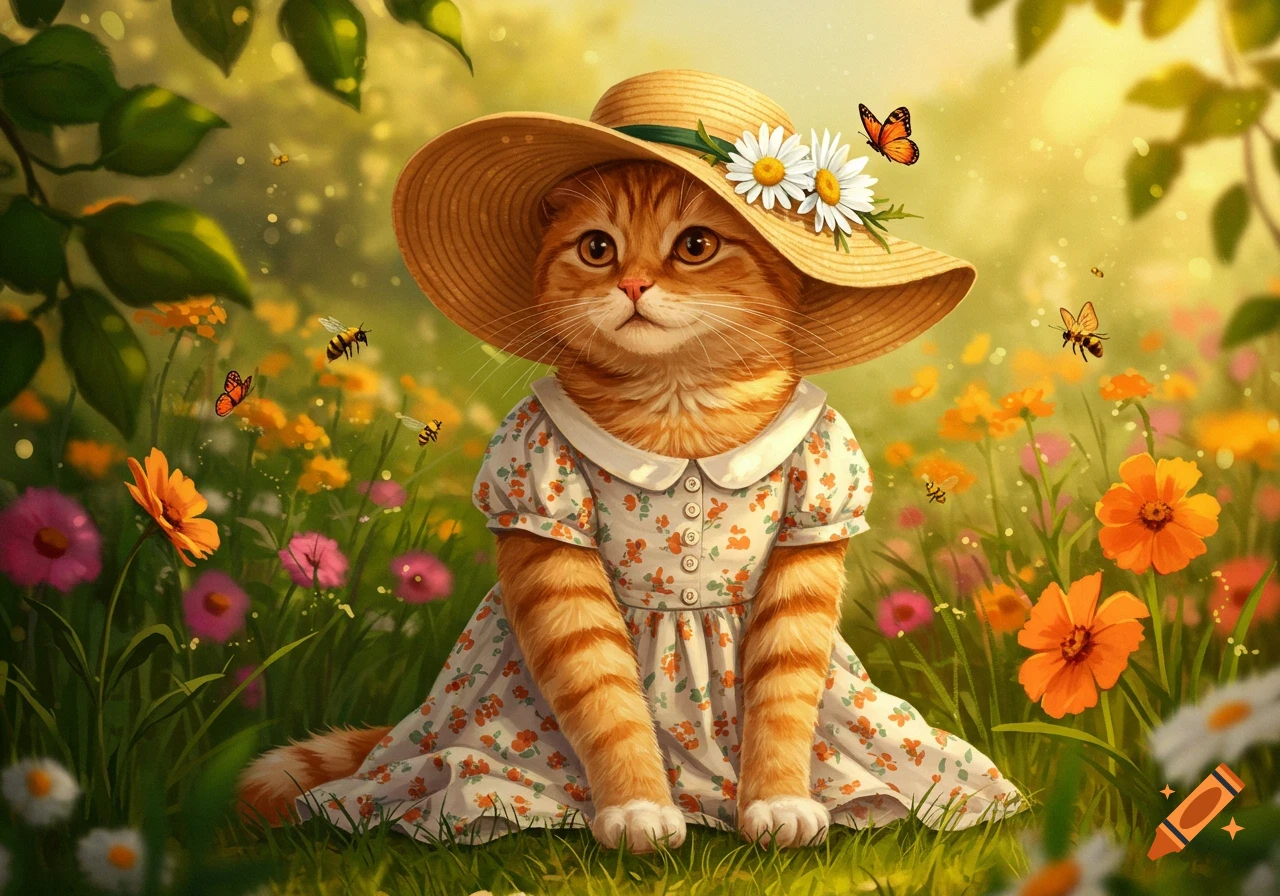 An adorable orange tabby cat wearing a wide-brimmed straw hat with daisies and a floral summer dress, sitting in a sunny wildflower meadow with butterflies and bees.