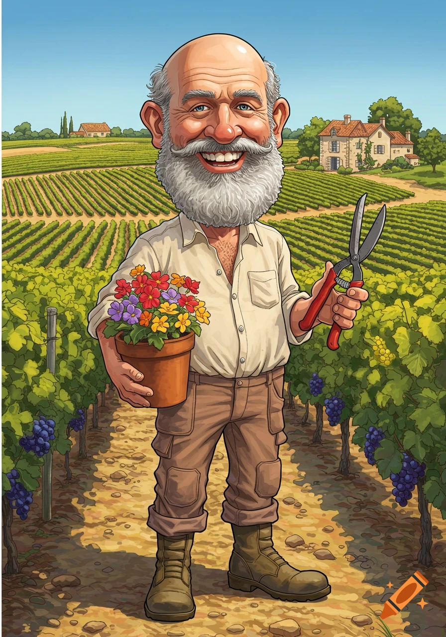 A colorful caricature of a smiling, bald, bearded gardener holding flowers and shears in a sunny vineyard.