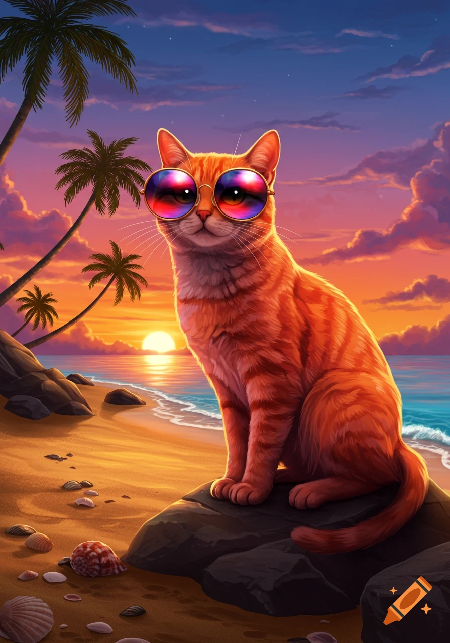 An orange cat in reflective sunglasses sits on a rock at a tropical beach during a vibrant sunset with palm trees.