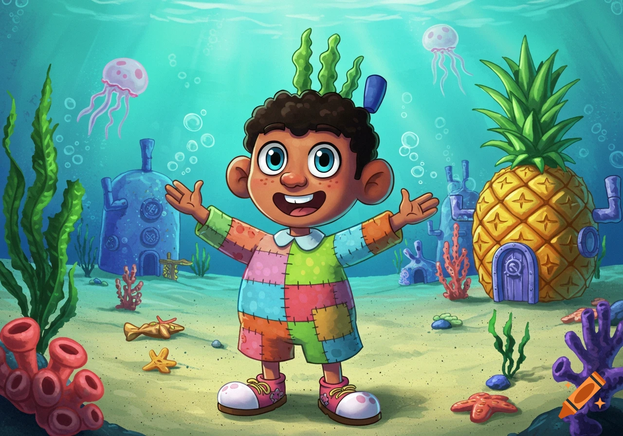 Cartoon child in a patchwork outfit, standing underwater with Spongebob-style houses, jellyfish, and coral.