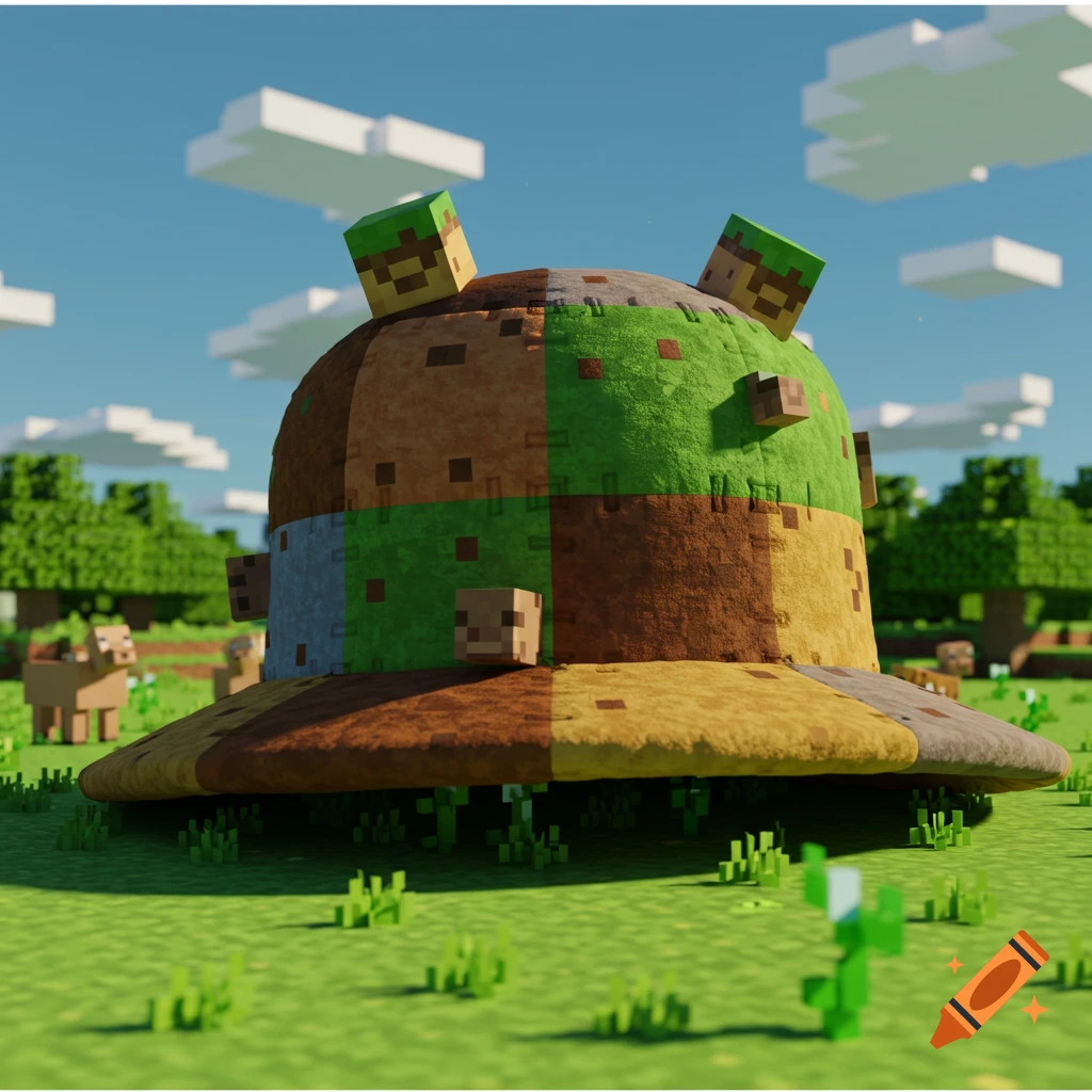 A large, patchwork Minecraft-style hat resembling a UFO or mushroom sits in a blocky green field with blocky trees, clouds, and sheep.