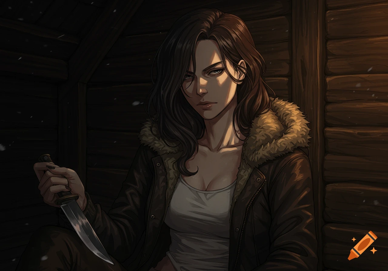 Anime woman with dark hair, pale skin, and a fur-hooded jacket sits in a dark cabin, holding a knife.